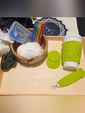 Handmade Crocheted Lime Green Drink Wrap, Keychain, Car Coasters